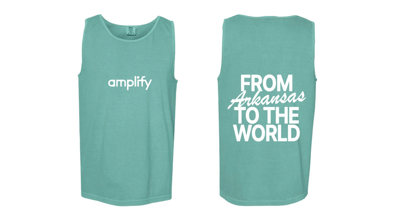 Teal Tank Top: “From Arkansas to the World”